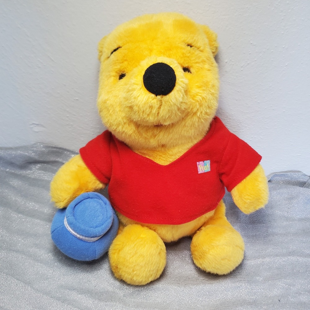 Disney Winnie the Pooh Plush Yellow Bear Red Shirt Blueโ Honey Pot Vtg Toy 90s